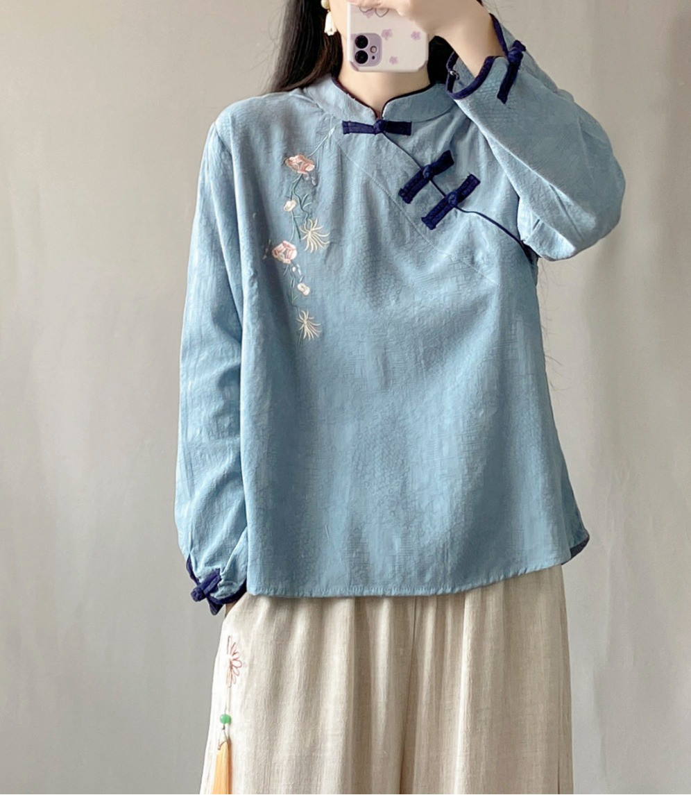 レディース 綿麻 ジャガード織 スタンドカラー ショートシャツ