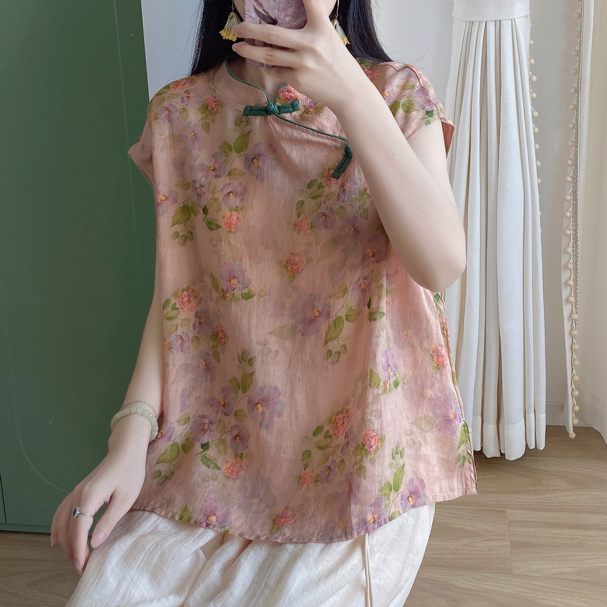 レディース プリント アシンメトリー バイカラー 前ボタン ノースリーブシャツ