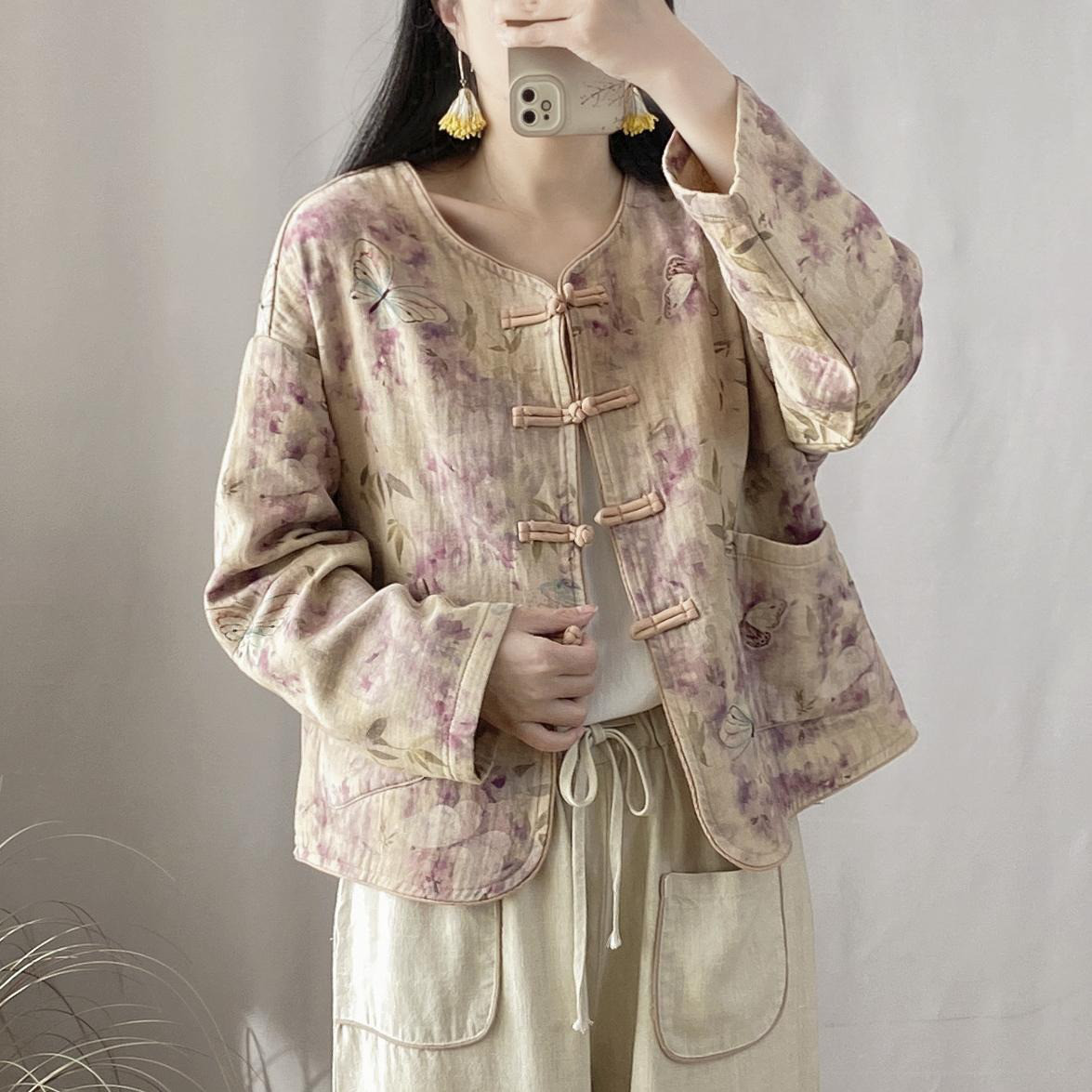 レディース 綿100％ プリント 長袖 ショートジャケット