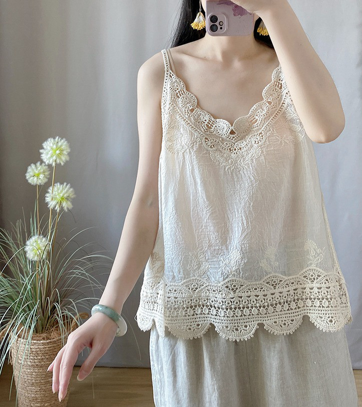 レディース 綿100％ レース付き レーシー ショートキャミソール