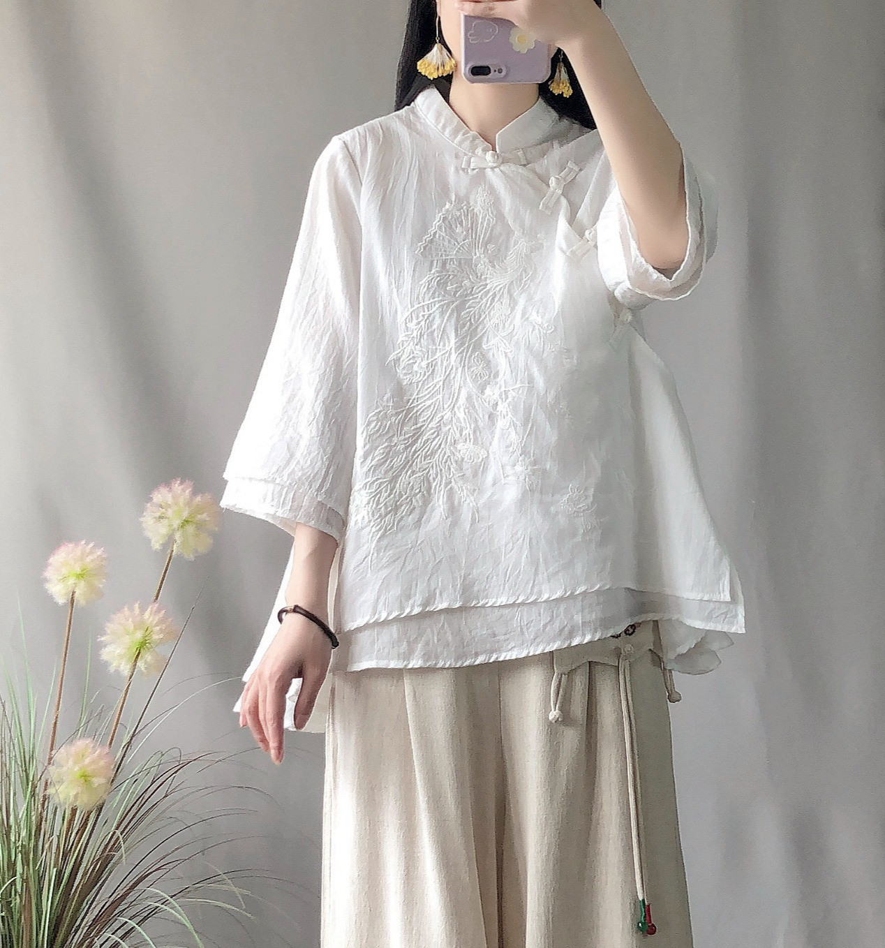 レディース 綿麻 アシンメトリー ショートシャツ