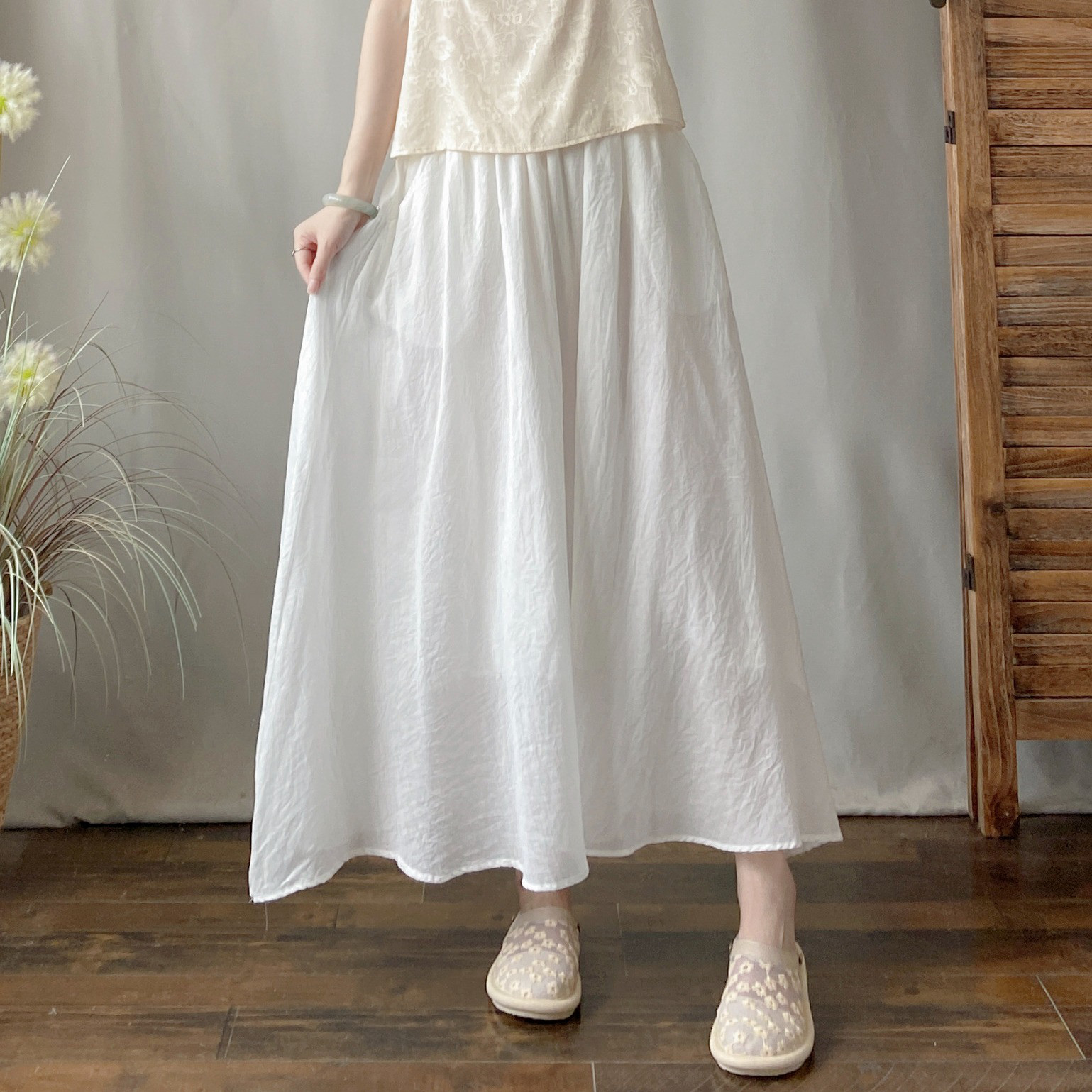 レディース 綿麻 二重構造 ウエストゴム ミディ丈スカート