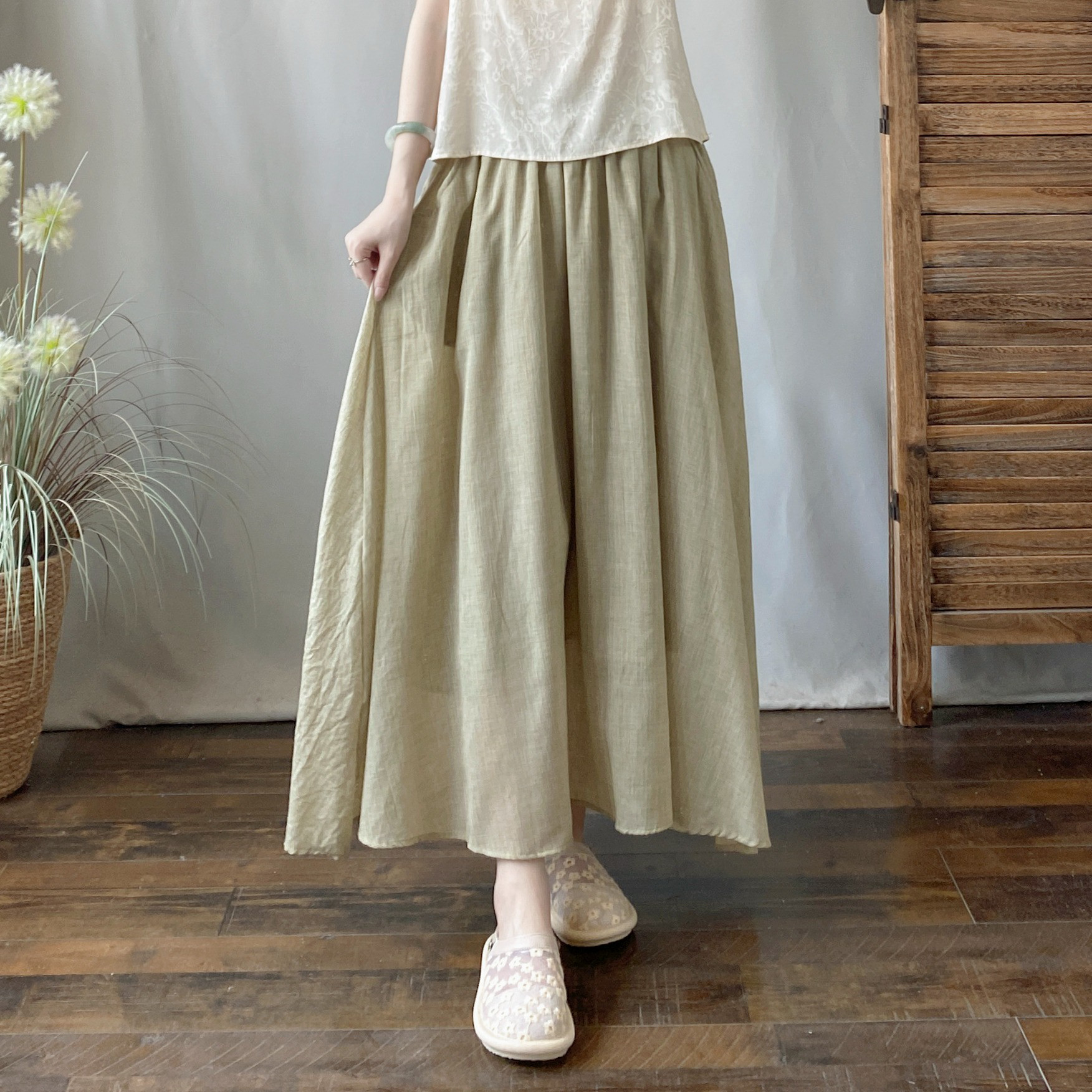 レディース 綿麻 二重構造 ウエストゴム ミディ丈スカート