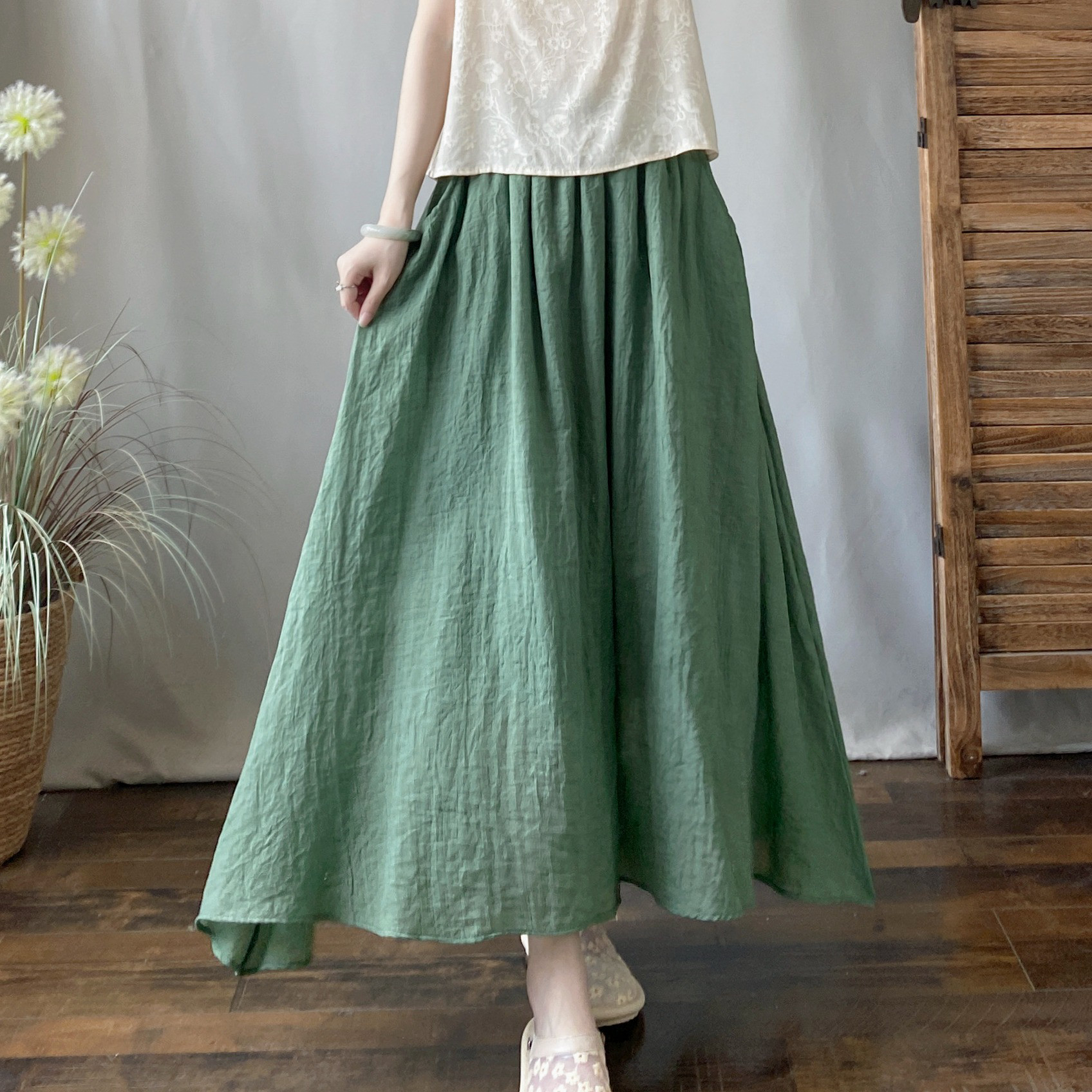 レディース 綿麻 二重構造 ウエストゴム ミディ丈スカート