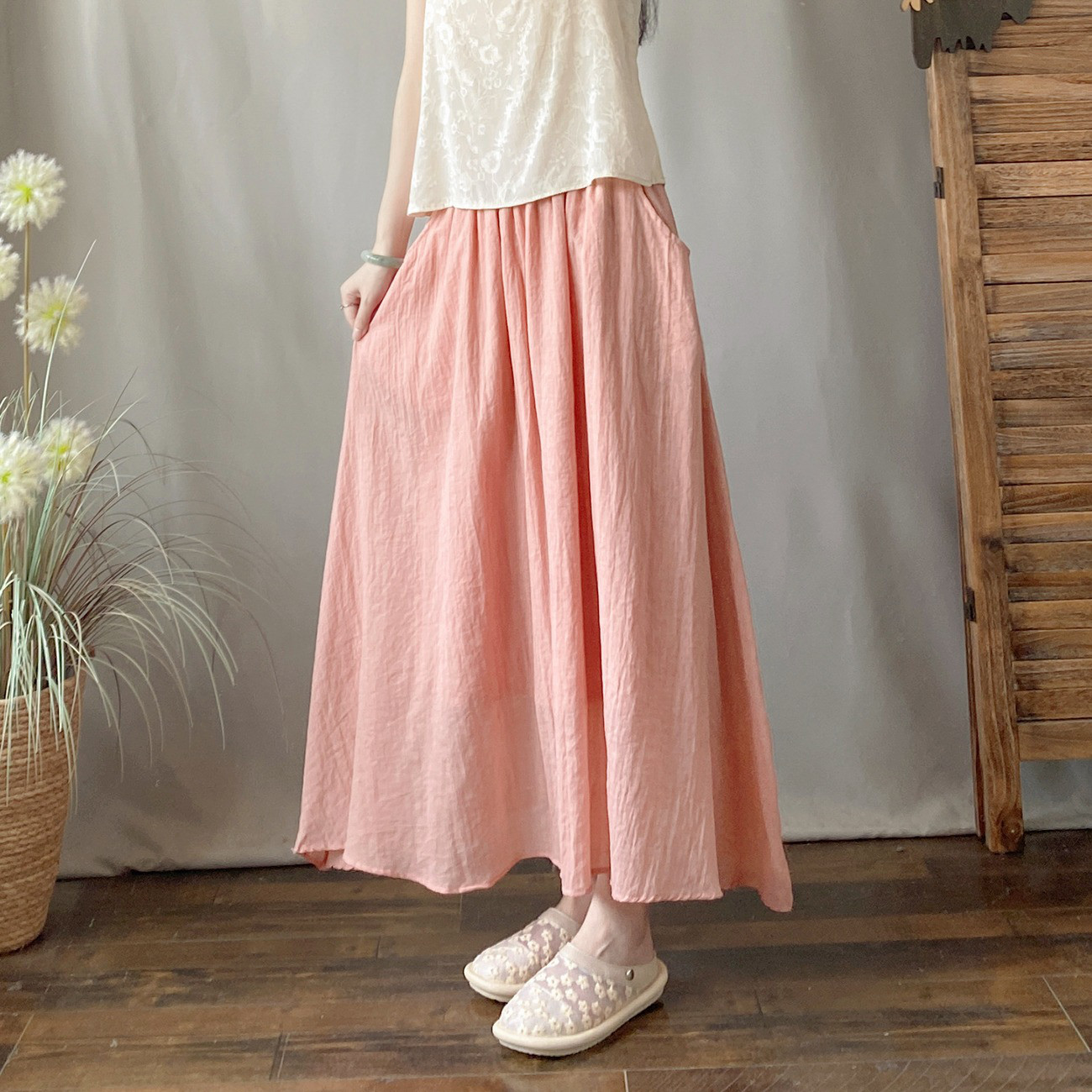 レディース 綿麻 二重構造 ウエストゴム ミディ丈スカート