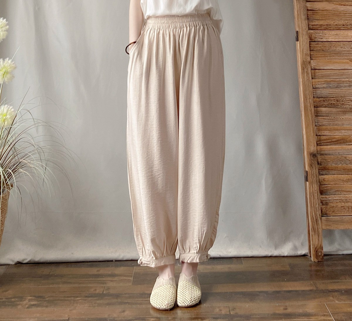 レディース 綿麻 ウエストゴム 九分丈ワイドパンツ