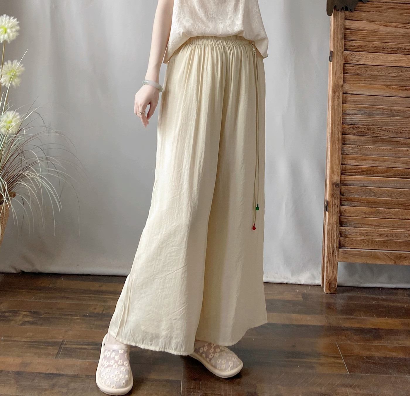 レディース 綿麻 ウエストゴム 二重構造 九分丈ワイドパンツ