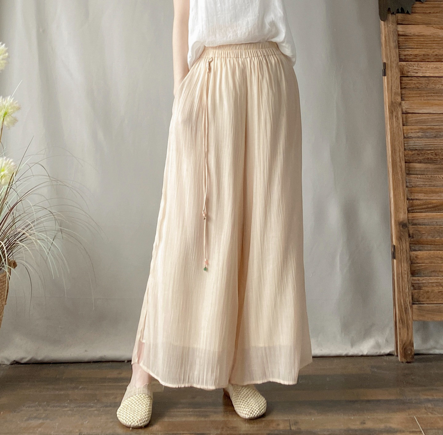 レディース 綿麻 ウエストゴム 二重構造 ワイドパンツ 5,943円