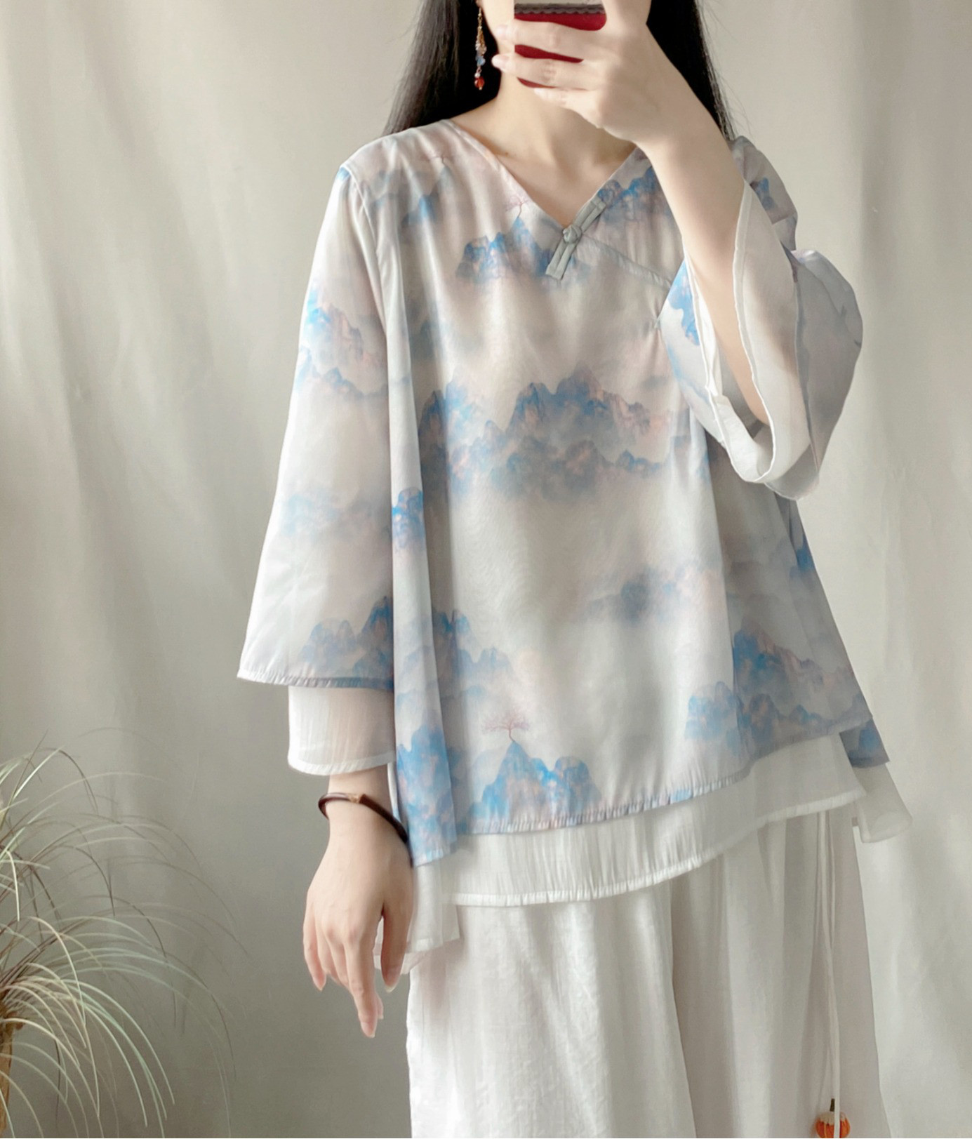 レディース 綿麻 アシンメトリー Vネック 前ボタン 二重構造 ショートシャツ