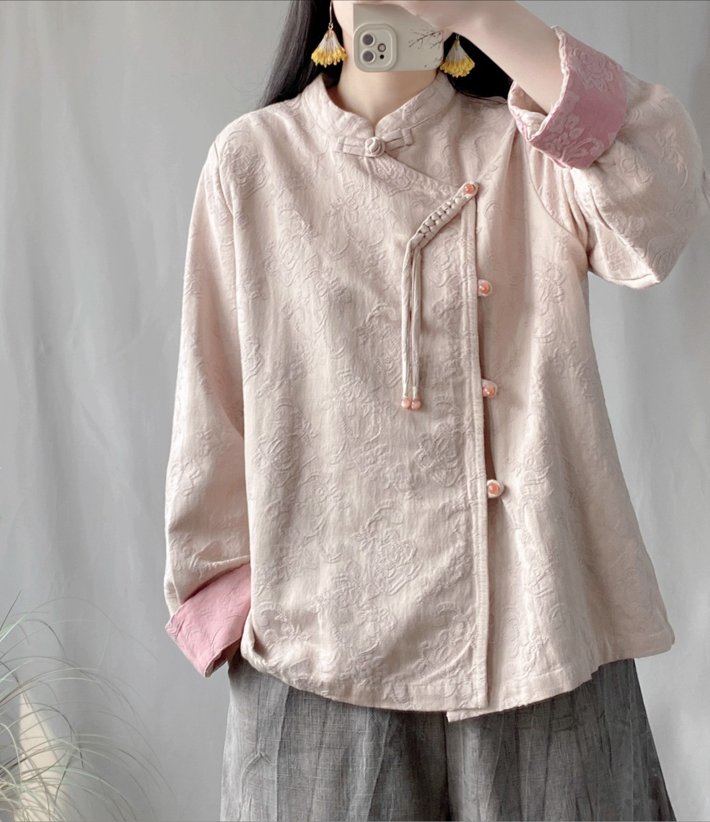 レディース 綿麻 スタンドカラー アシンメトリー 長袖 ショートトップス