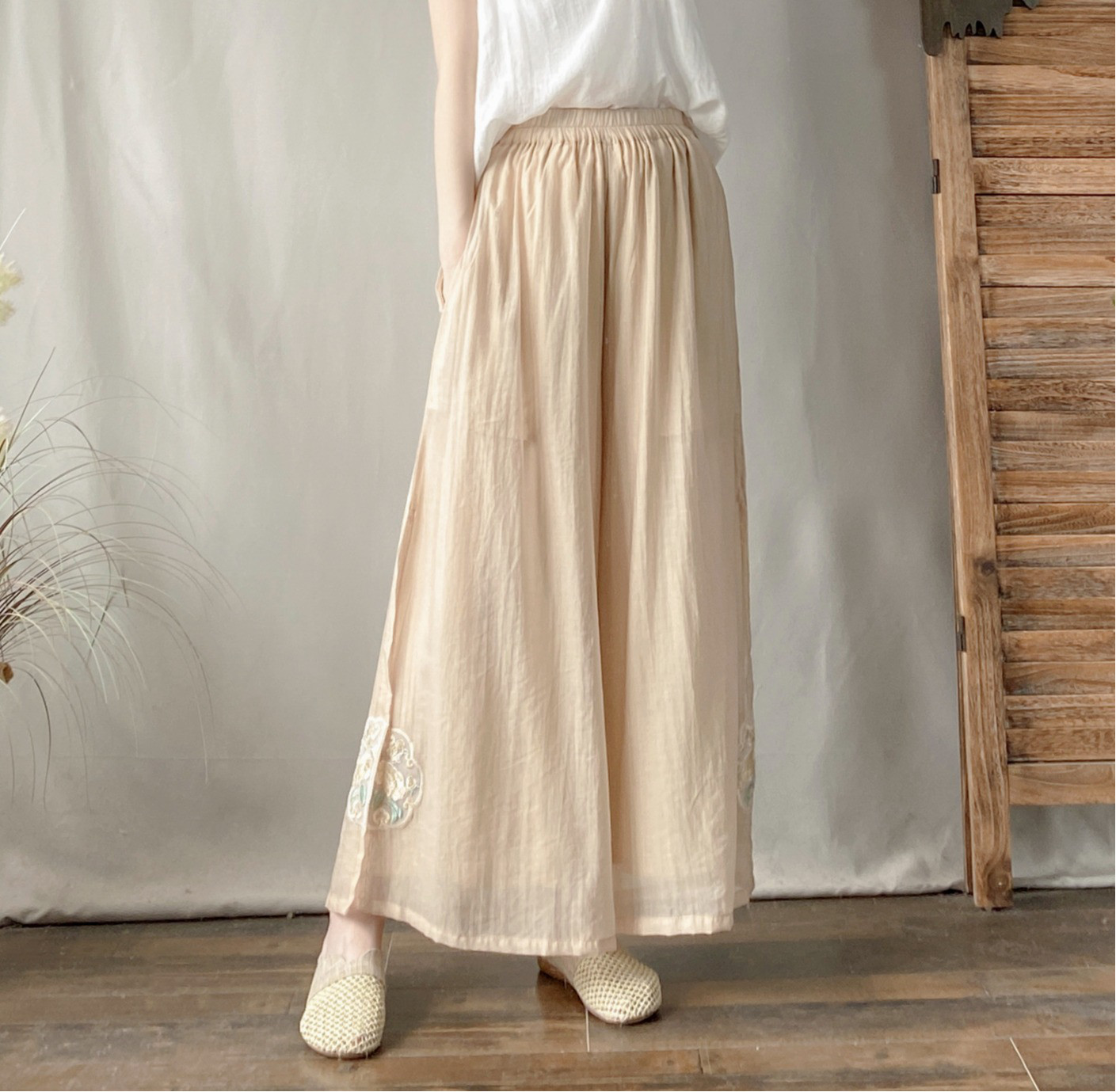 レディース 綿麻 ウエストゴム 二重構造 九分丈スカンツ