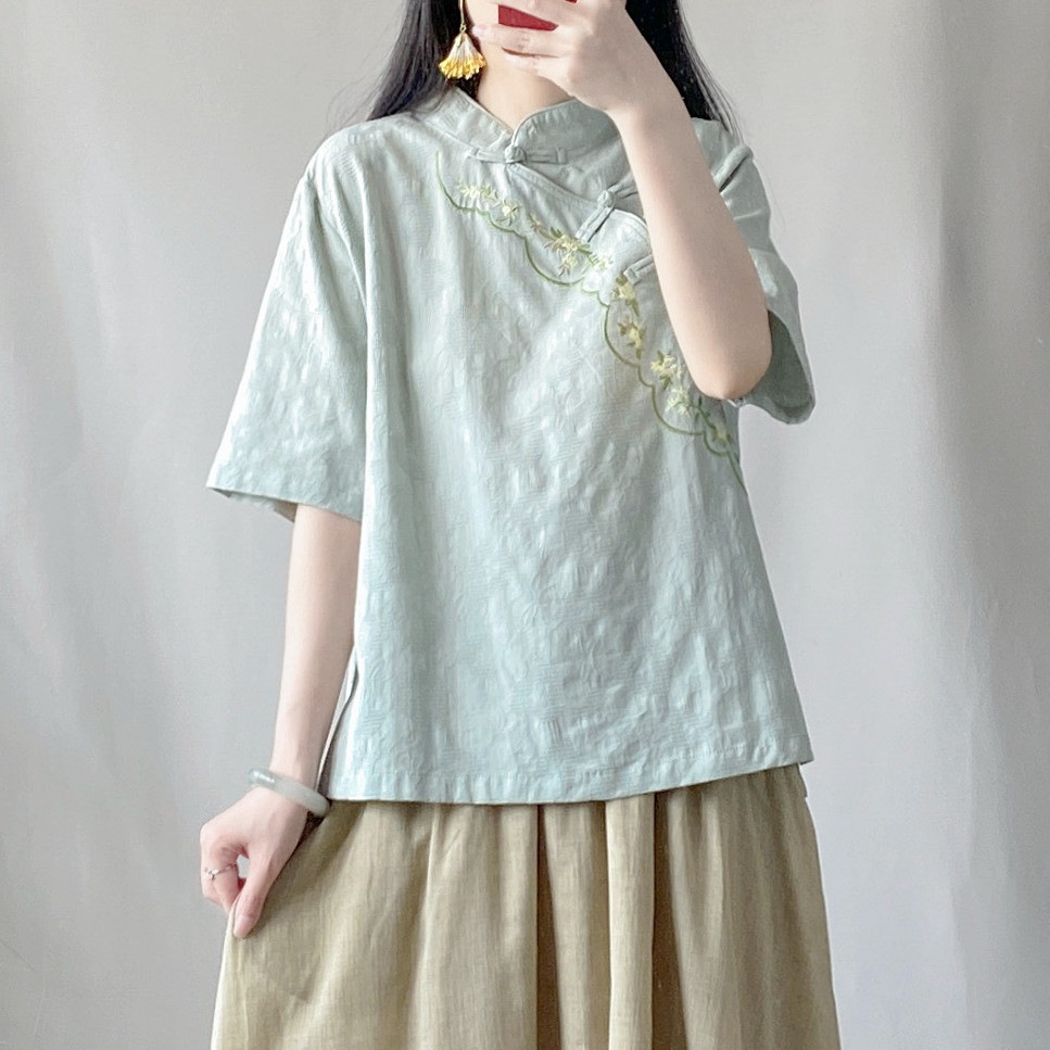 レディース 綿麻 スタンドカラー 半袖 刺繍 ショートトップス