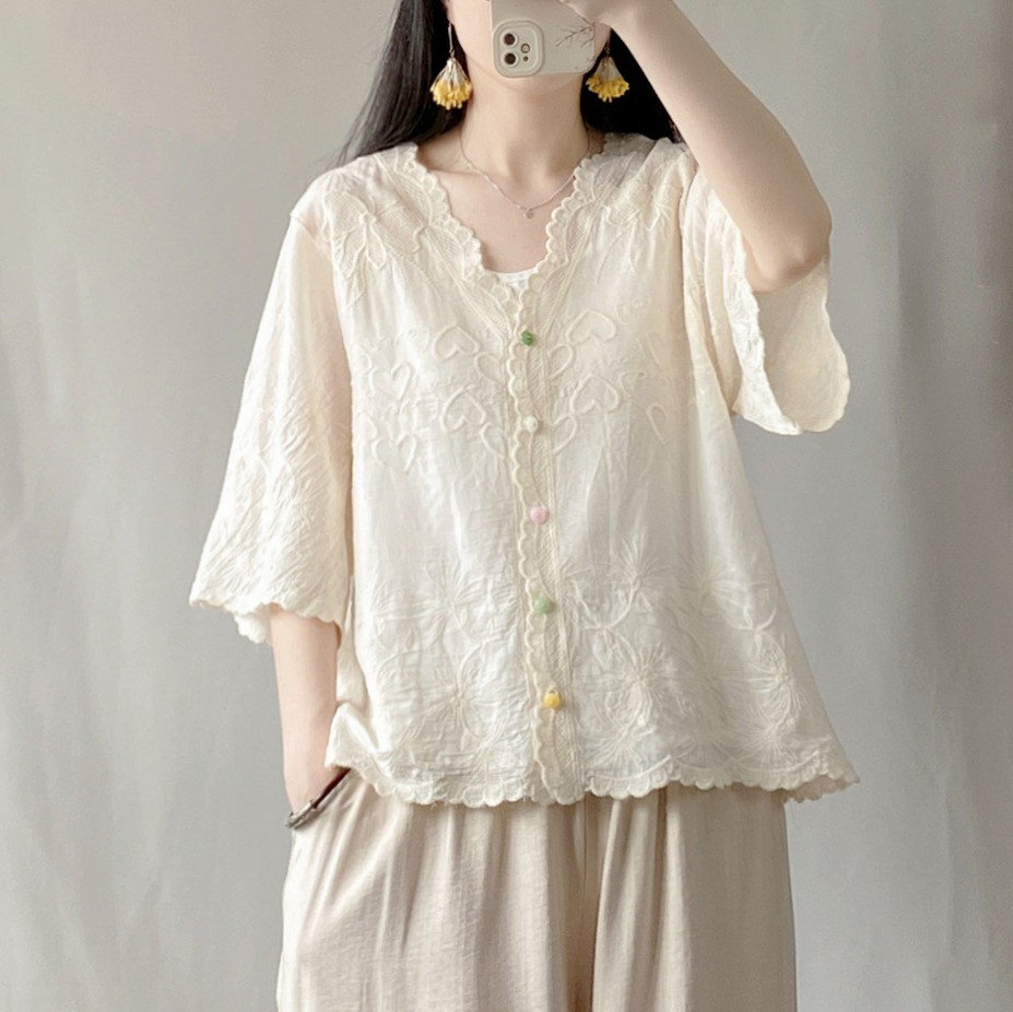 レディース 綿100％ レース付き 半袖 薄手 日除けカーディガン