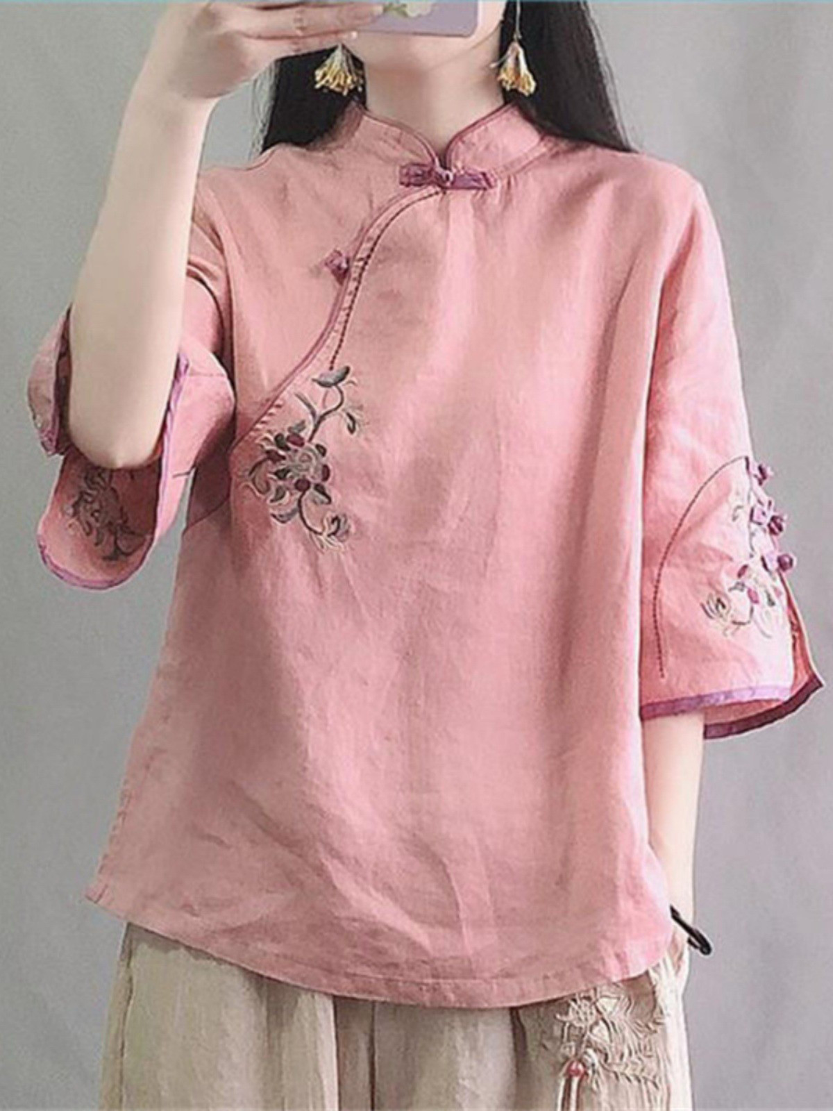 レディース 綿麻 刺繍 五分袖 プルオーバートップス