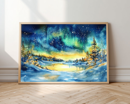 フィンランド・イナリの幻想的なオーロラ｜水彩画アート｜北欧の夜空