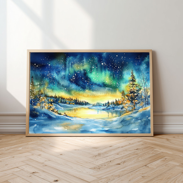フィンランド・イナリの幻想的なオーロラ｜水彩画アート｜北欧の夜空