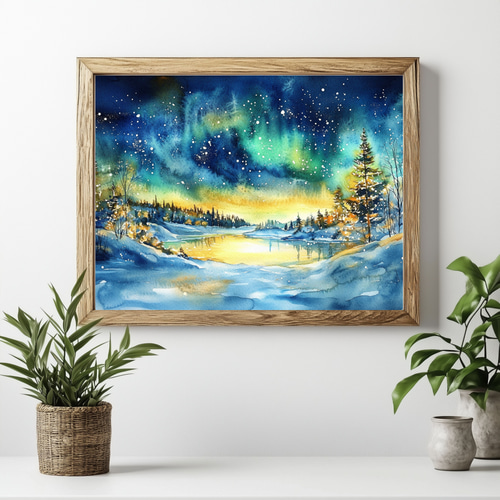 フィンランドの水彩画 フィンランド・イナリの幻想的なオーロラ｜水彩画アート｜北欧の夜空