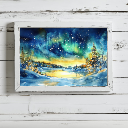 フィンランド・イナリの幻想的なオーロラ｜水彩画アート｜北欧の夜空