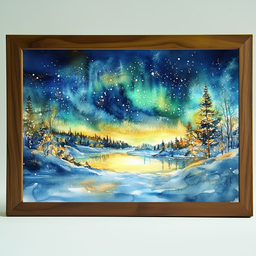 フィンランド・イナリの幻想的なオーロラ｜水彩画アート｜北欧の夜空