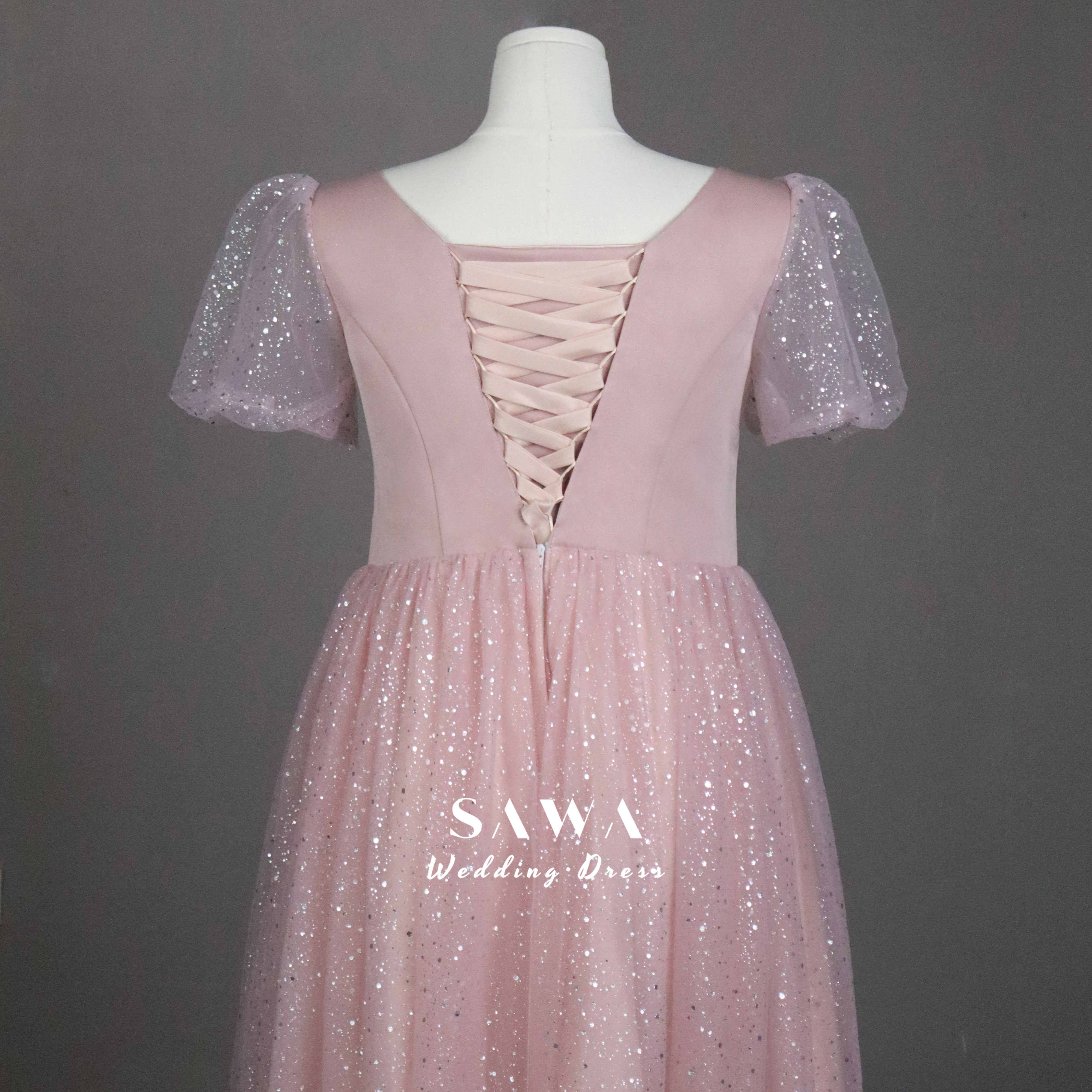 激安　ふんわりチュール　パフスリーブ　サイズオーダー可能　ミモレ丈　可愛いピンク　パーティードレス　デート合コン卒業式