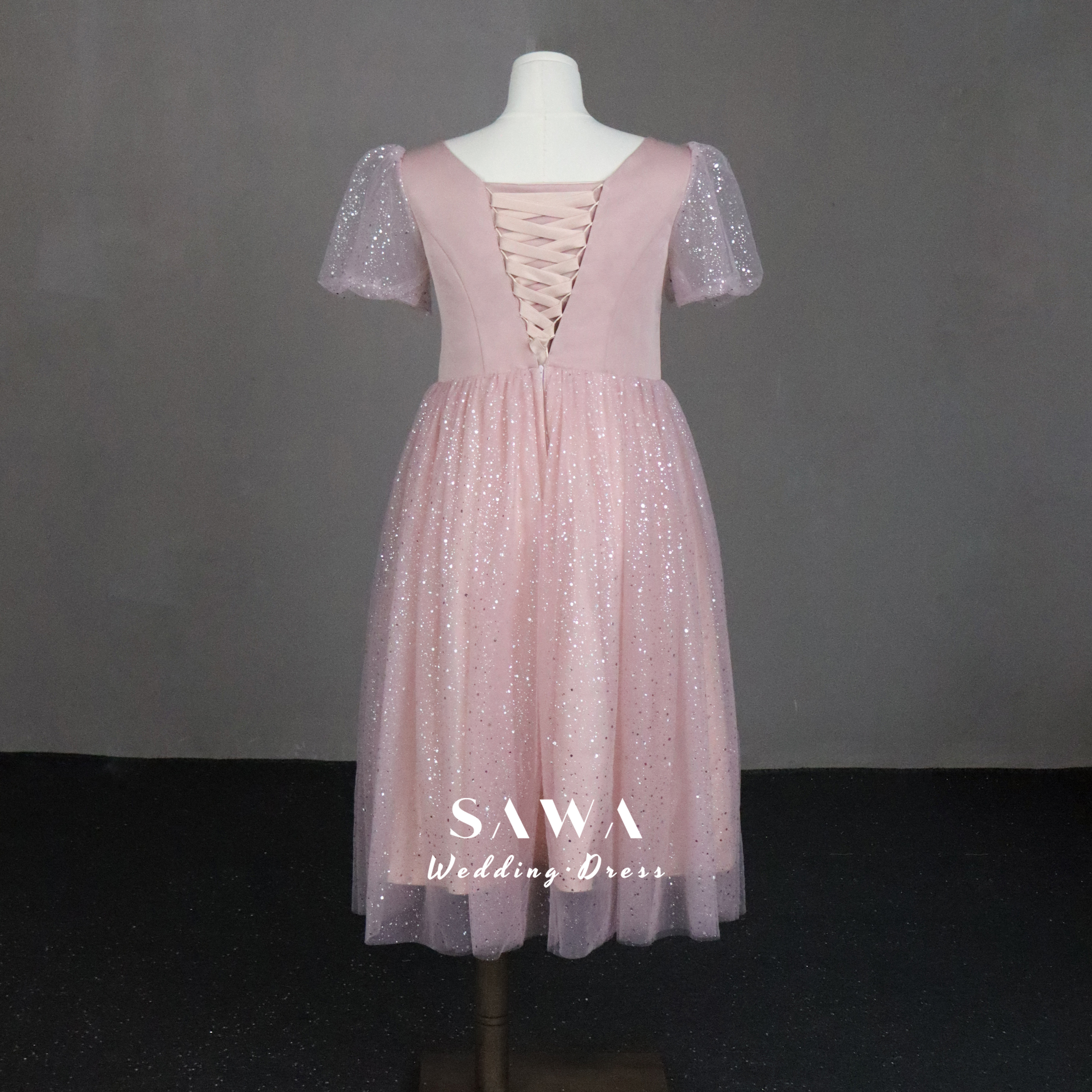 激安　ふんわりチュール　パフスリーブ　サイズオーダー可能　ミモレ丈　可愛いピンク　パーティードレス　デート合コン卒業式