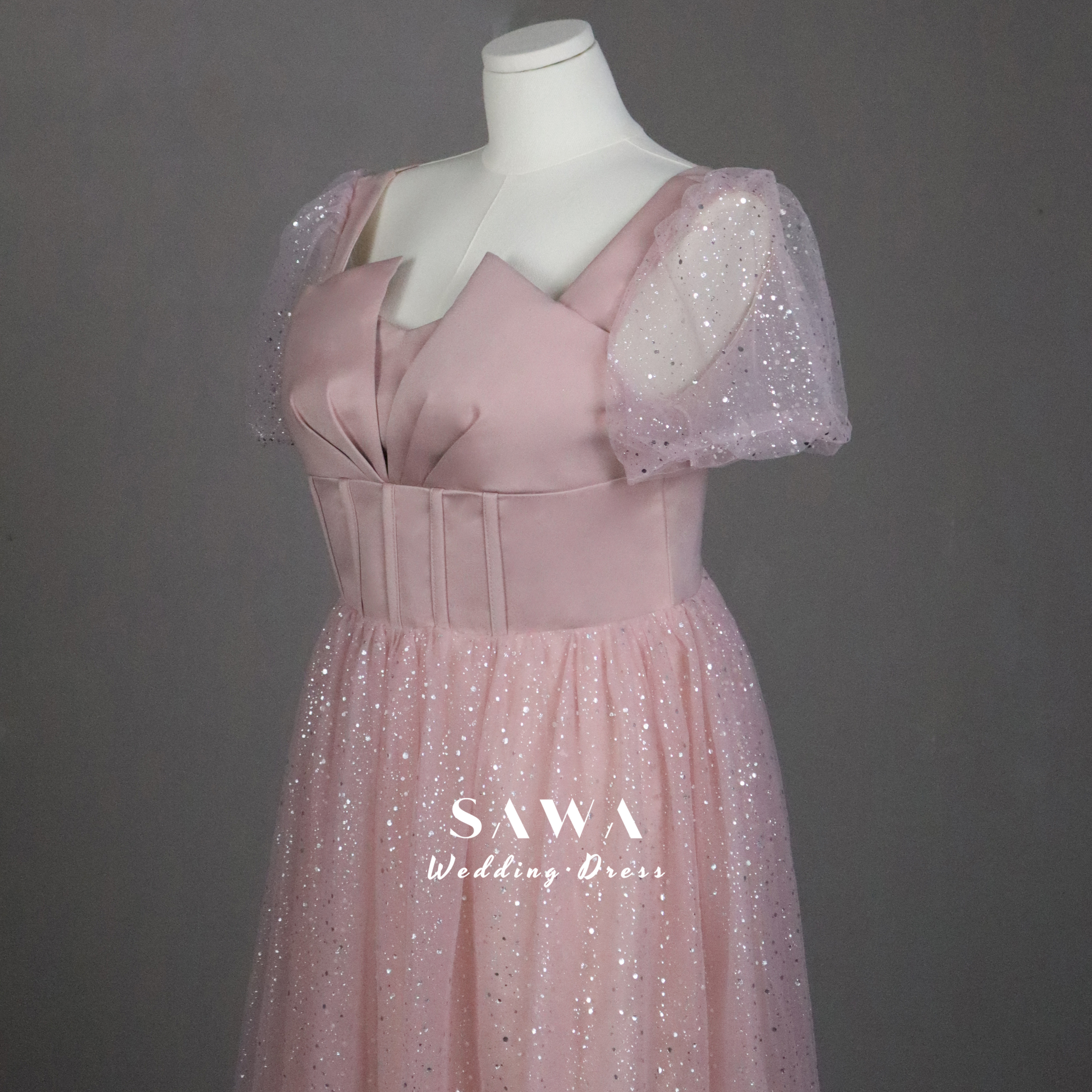 激安　ふんわりチュール　パフスリーブ　サイズオーダー可能　ミモレ丈　可愛いピンク　パーティードレス　デート合コン卒業式