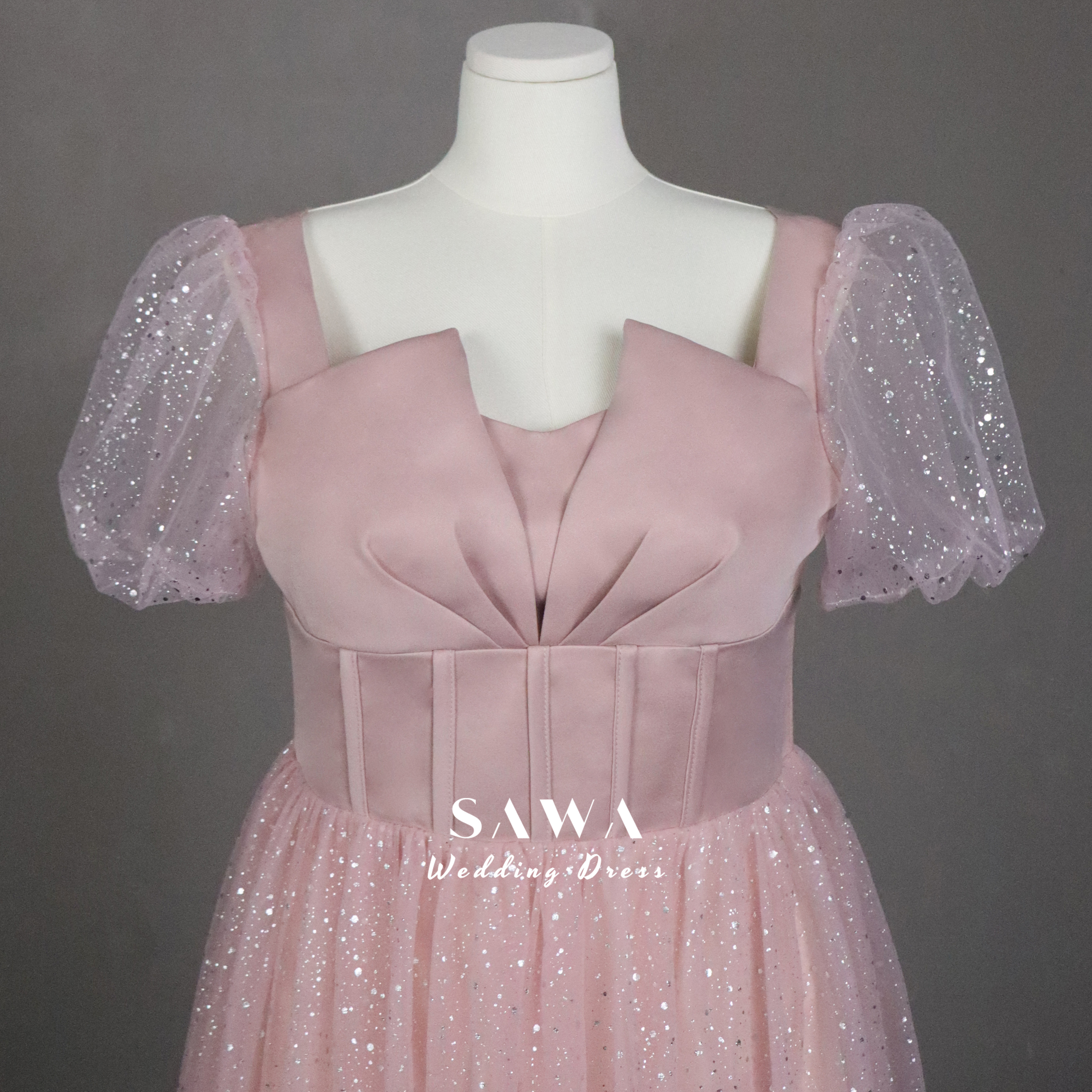 激安　ふんわりチュール　パフスリーブ　サイズオーダー可能　ミモレ丈　可愛いピンク　パーティードレス　デート合コン卒業式