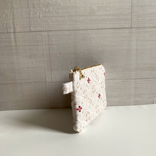 インド刺繍生地 ポーチ ホワイト レッド 12cmファスナー 小物