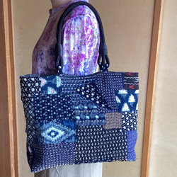 柿渋染め × 刺し子のパッチワークバッグ　コンパクトなトート　ハンドメイド 柿渋染めのパッチワークのトートバッグ (1) トートバッグ ひだまり