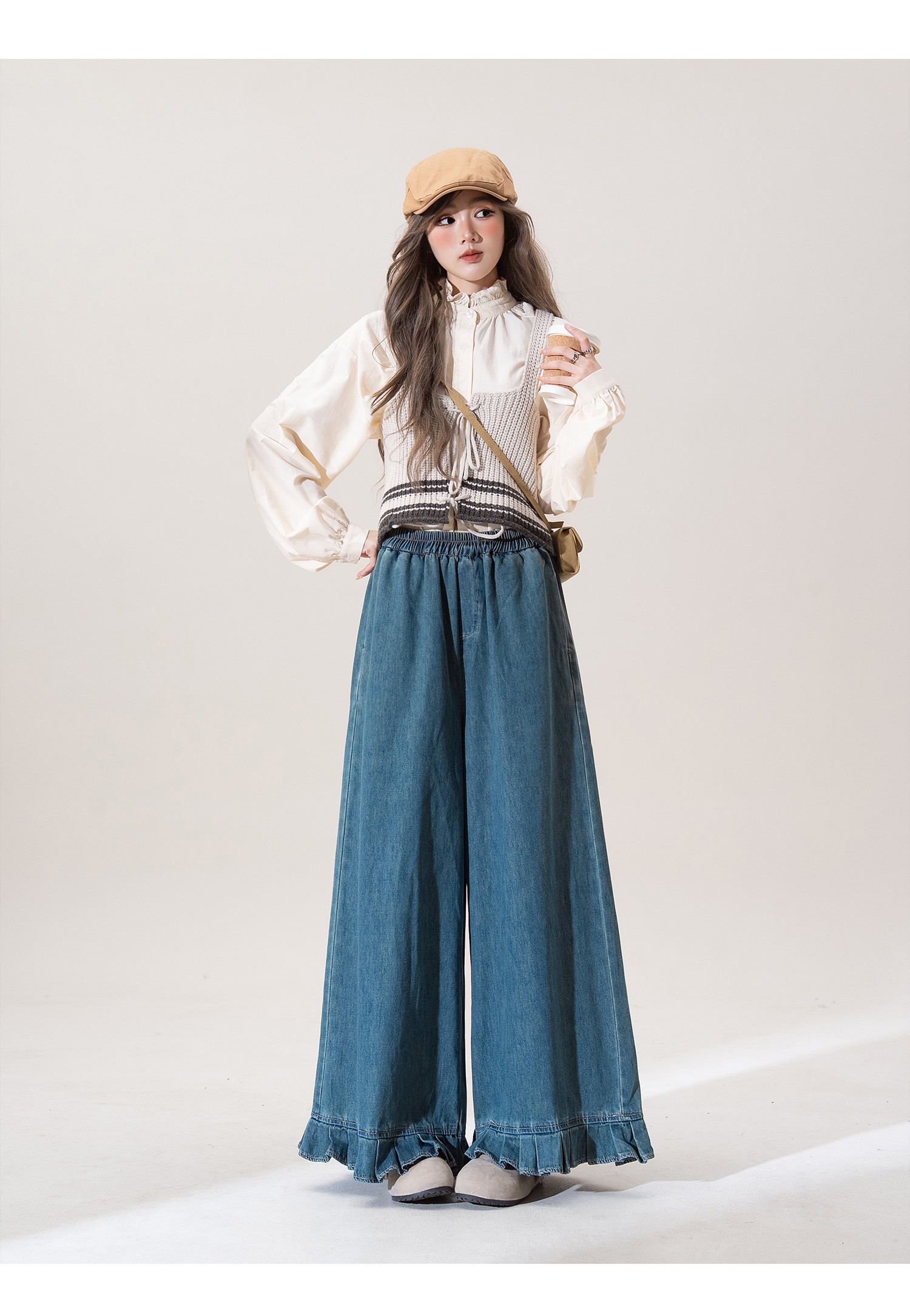 おしゃれレースジョイントジーンズ女2025秋新作ゆったり着やせ百合カジュアルワイドパンツロングパンツ