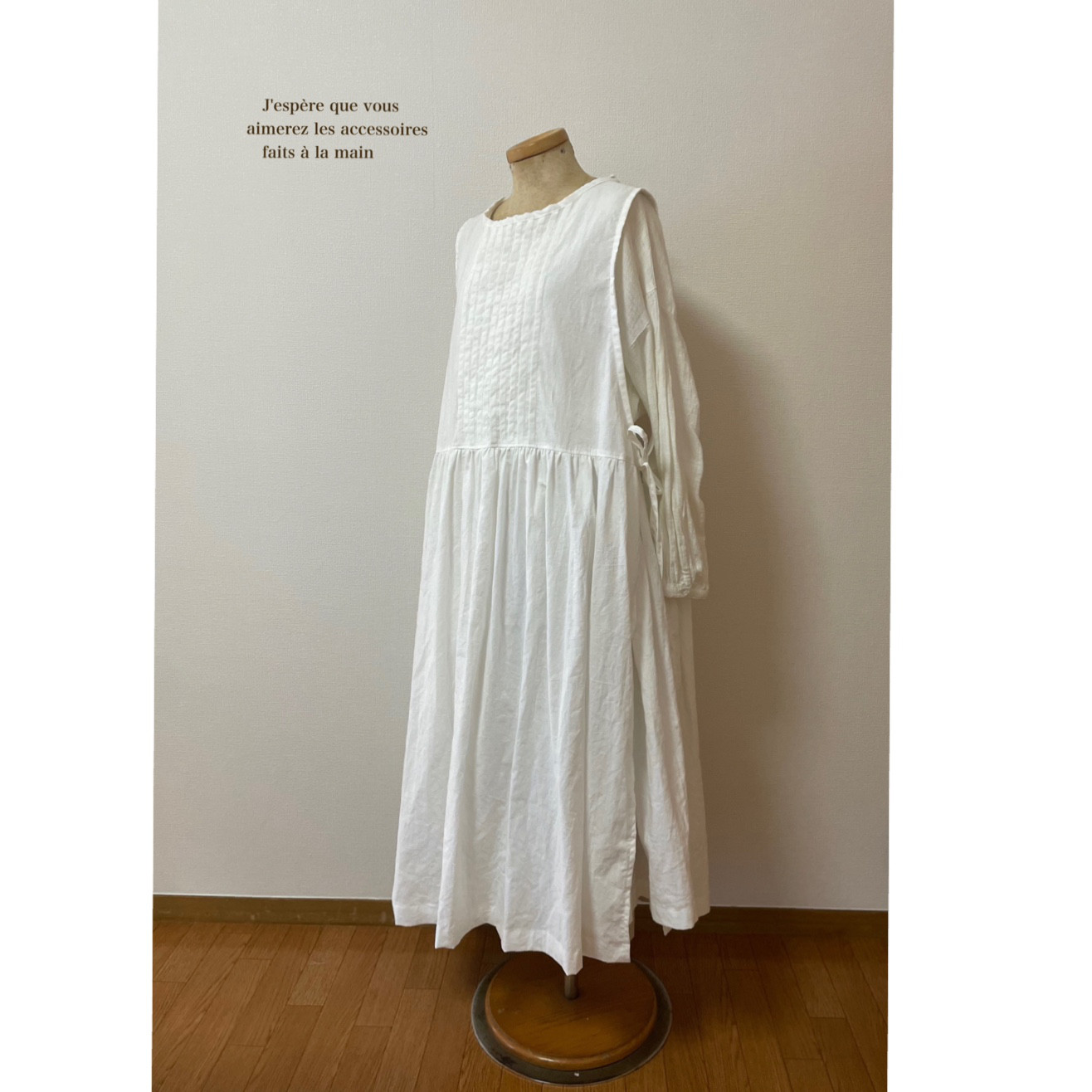 エプロンワンピース｜コットンリネン｜サイズフリー　ホワイト