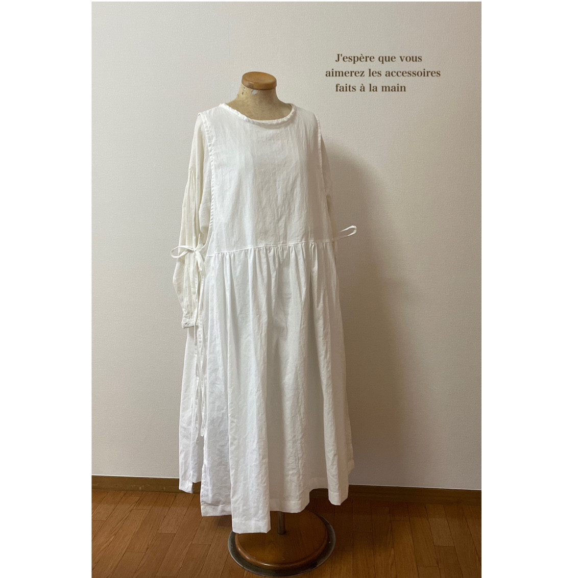 コットンリネン エプロンワンピース＊麻綿ワンピ 重ね着OK  ホワイト