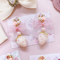 ☆❤️ りぼん　パール　薔薇　花　ピアス　イヤリング　ハンドメイド cotton flower】キラキラビジューハート花びらフリルラウンドパール