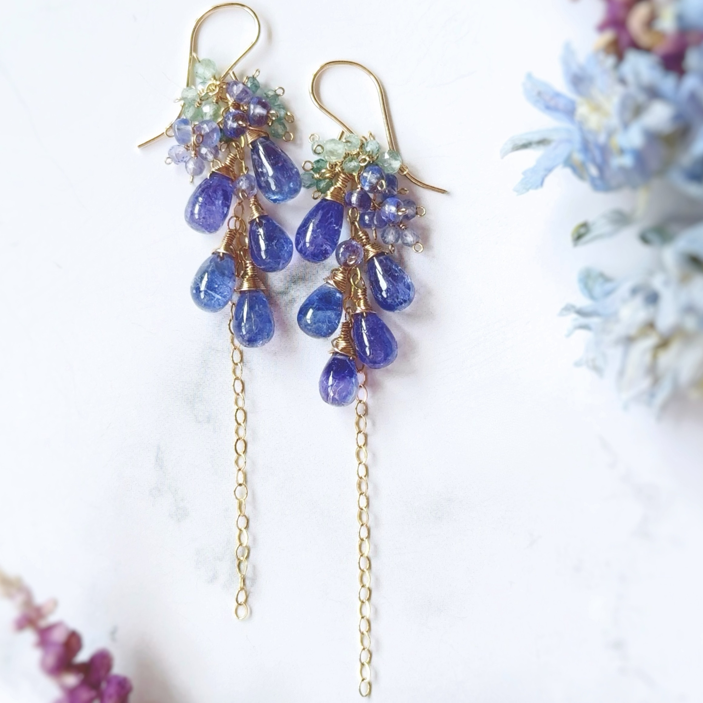 高品質タンザナイトのシャラシャラシャンデリアピアス◇14kgf