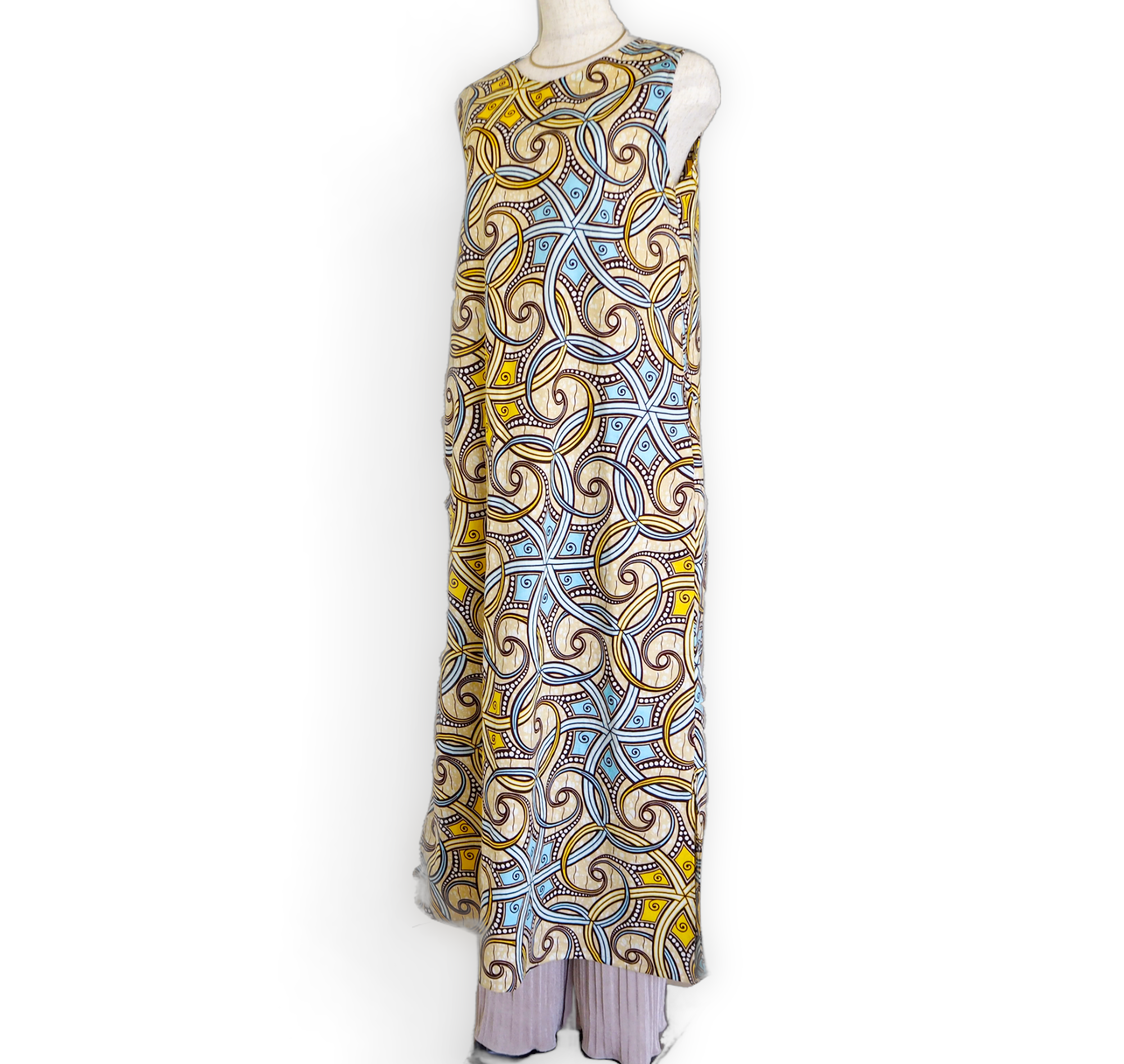 【一点物】輸入生地　アフリカ布xロングワンピース ポケット付き　サイドスリット 個性的 コットン　エスニック