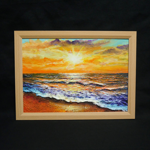 油絵 油彩 油彩画 絵 絵画【夕日に染まる海】A4 絵画 HR 通販