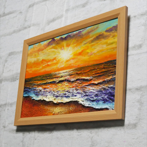 「海」 油彩 油絵 木製パネルに油彩 現代美術 oil on board 絵 油絵 油彩 油彩画 絵 絵画【夕日に染まる海】A4 絵画 HR 通販