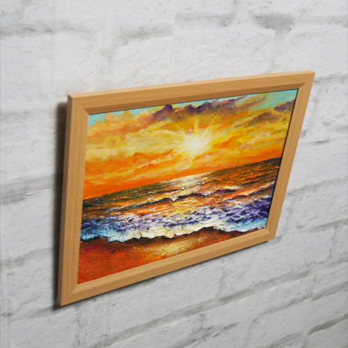 油絵 油彩 油彩画 絵 絵画【夕日に染まる海】A4 絵画 HR 通販