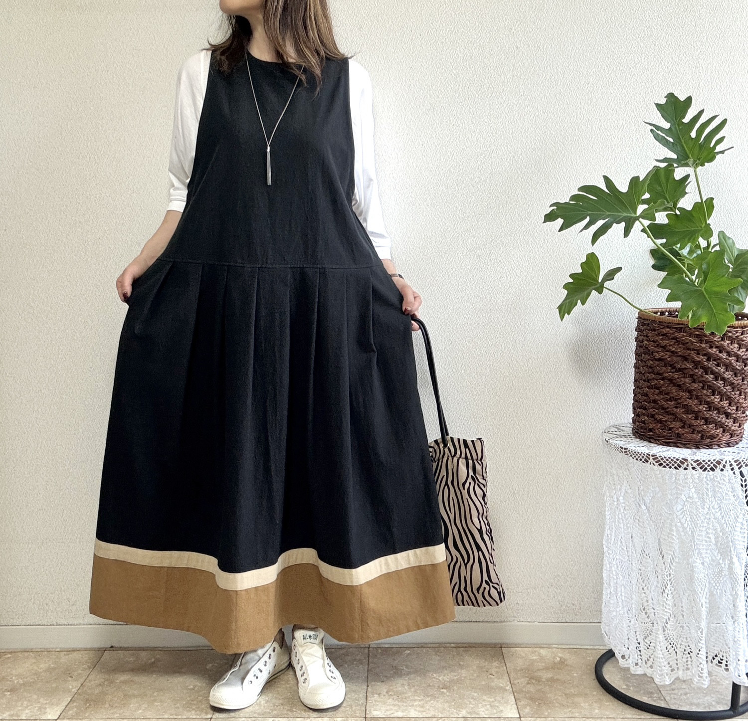 きちんと映え♪重ね着ワンピ 秋色 トリプルカラー♦ベージュライン（ブラック×キャメル）再販＊受注製作