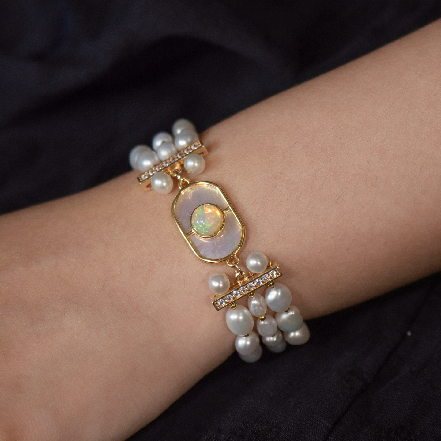 「空の瞳」Moonji 天然石 天然オパール ブレスレット 天然真珠 バロック真珠 金属製 クラシックスタイル カスタマ