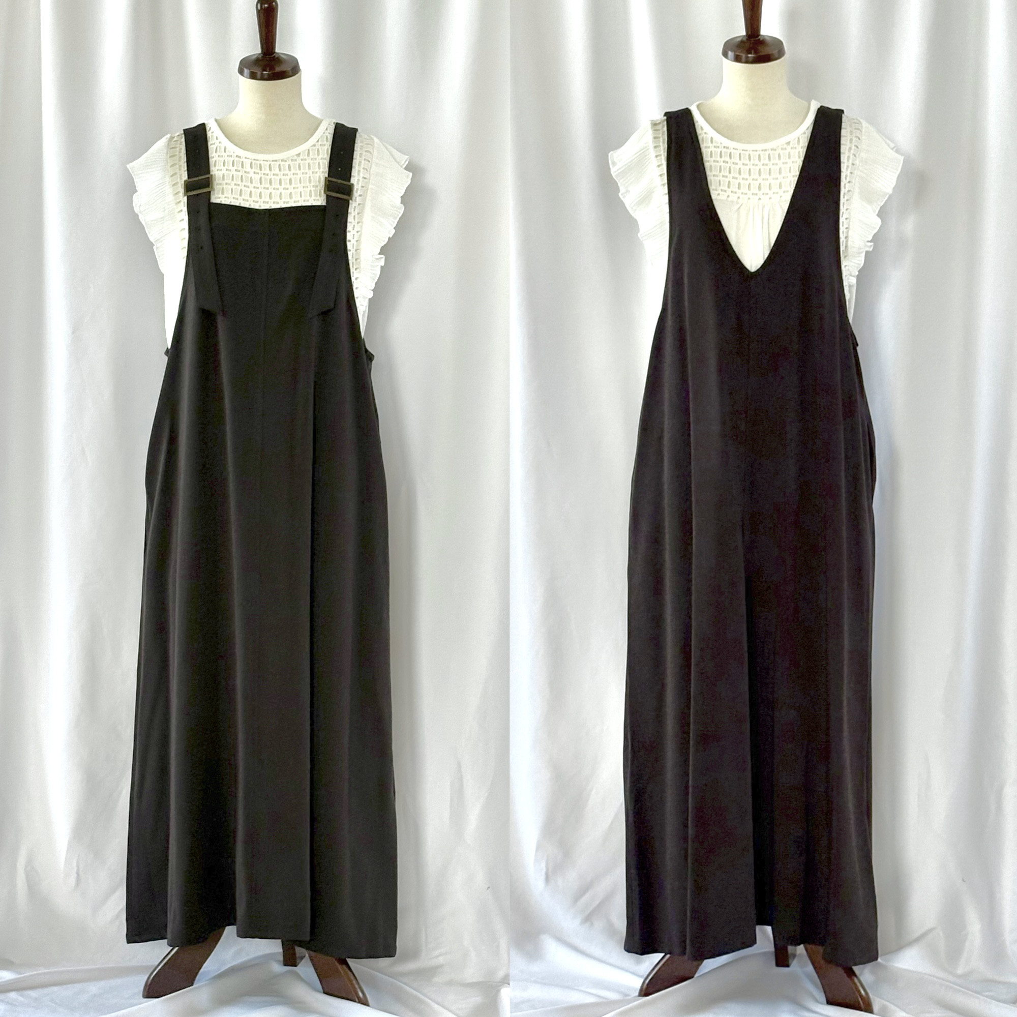 一年中OK【丈が選べる】03テンセル黒 前後2wayジャンパースカート  マキシ丈　Vネック　【即納冬服2025】