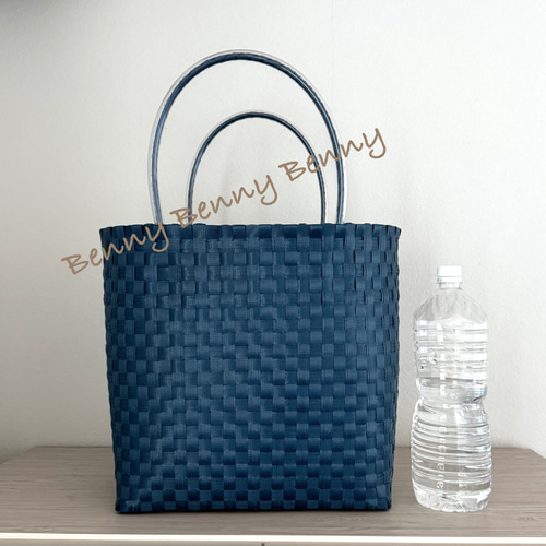 プラカゴ ネイビー 2XL A4収納可 PPバンド かごバッグ ハンドメイド