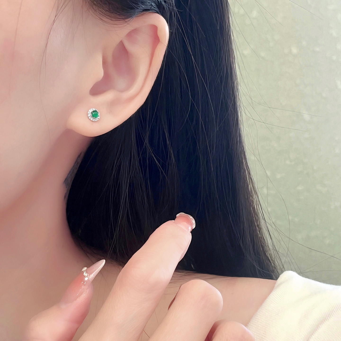 天然ダイヤモンド付きエメラルドピアスk18　0707