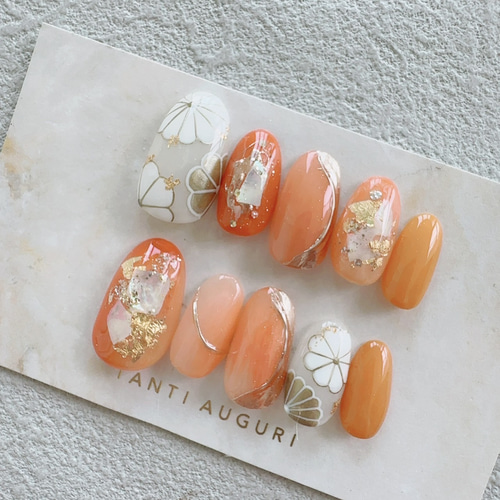 成人式 オレンジ ネイルチップ 和風 着物 振袖 和柄 おれんじ 菊 前
