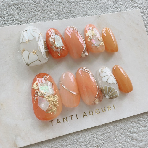 成人式 オレンジ ネイルチップ 和風 着物 振袖 和柄 おれんじ 菊 前