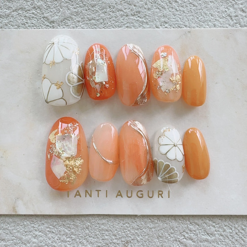 成人式 オレンジ ネイルチップ 和風 着物 振袖 和柄 おれんじ 菊 前