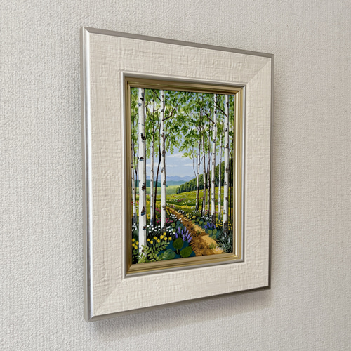 白樺の小道02」 絵画 原画 額縁付 キャンバス SMサイズ 風景画 絵画
