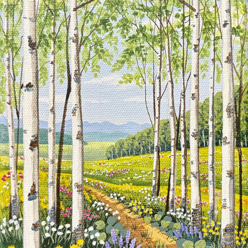 白樺の小道02」アクリル画 原画 額縁付 キャンバス SMサイズ
