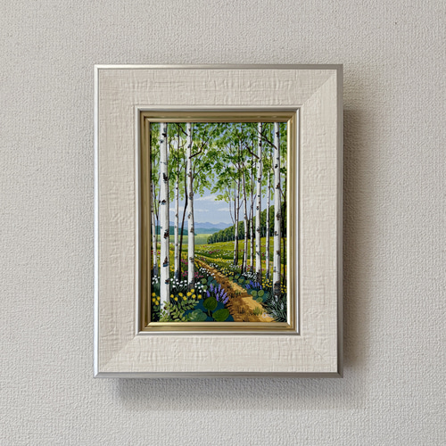 白樺の小道02」 絵画 原画 額縁付 キャンバス SMサイズ 風景画 絵画
