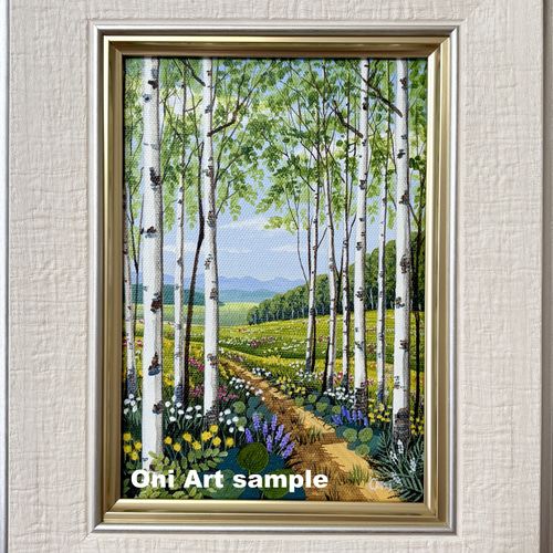 白樺の小道02」 絵画 原画 額縁付 キャンバス SMサイズ 風景画 絵画